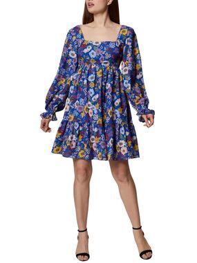 BCBGeneration Floral Square Neck Tiered Mini Dress Blue Multicolor Women's Sz 6